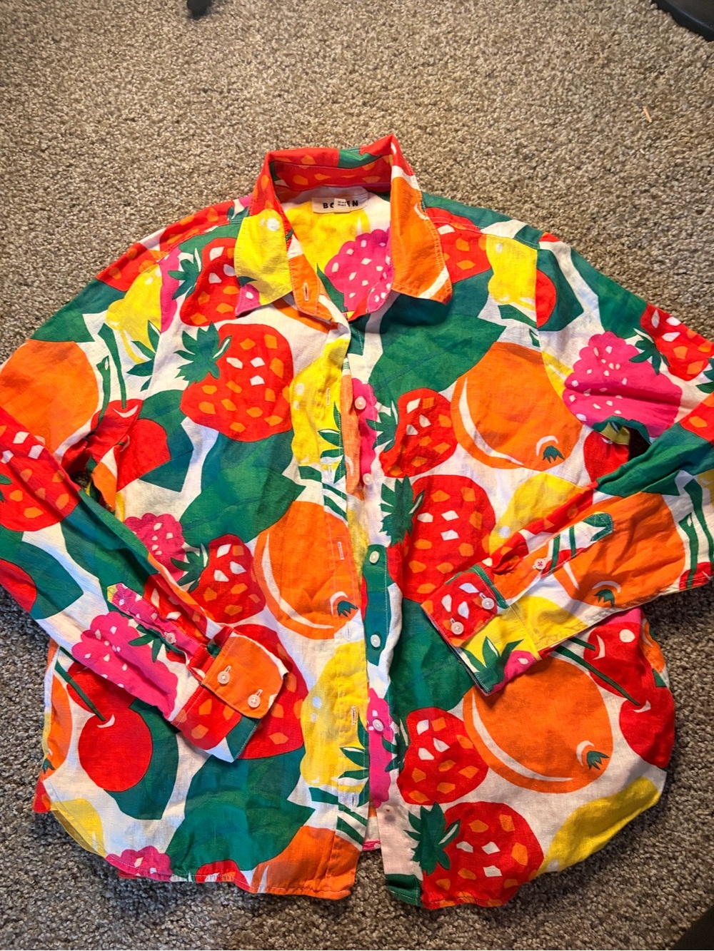 Boden Sienna Linen Strawberry-Print Button-Down Shirt - Pink, Green, Yellow - Picture 5 of 8